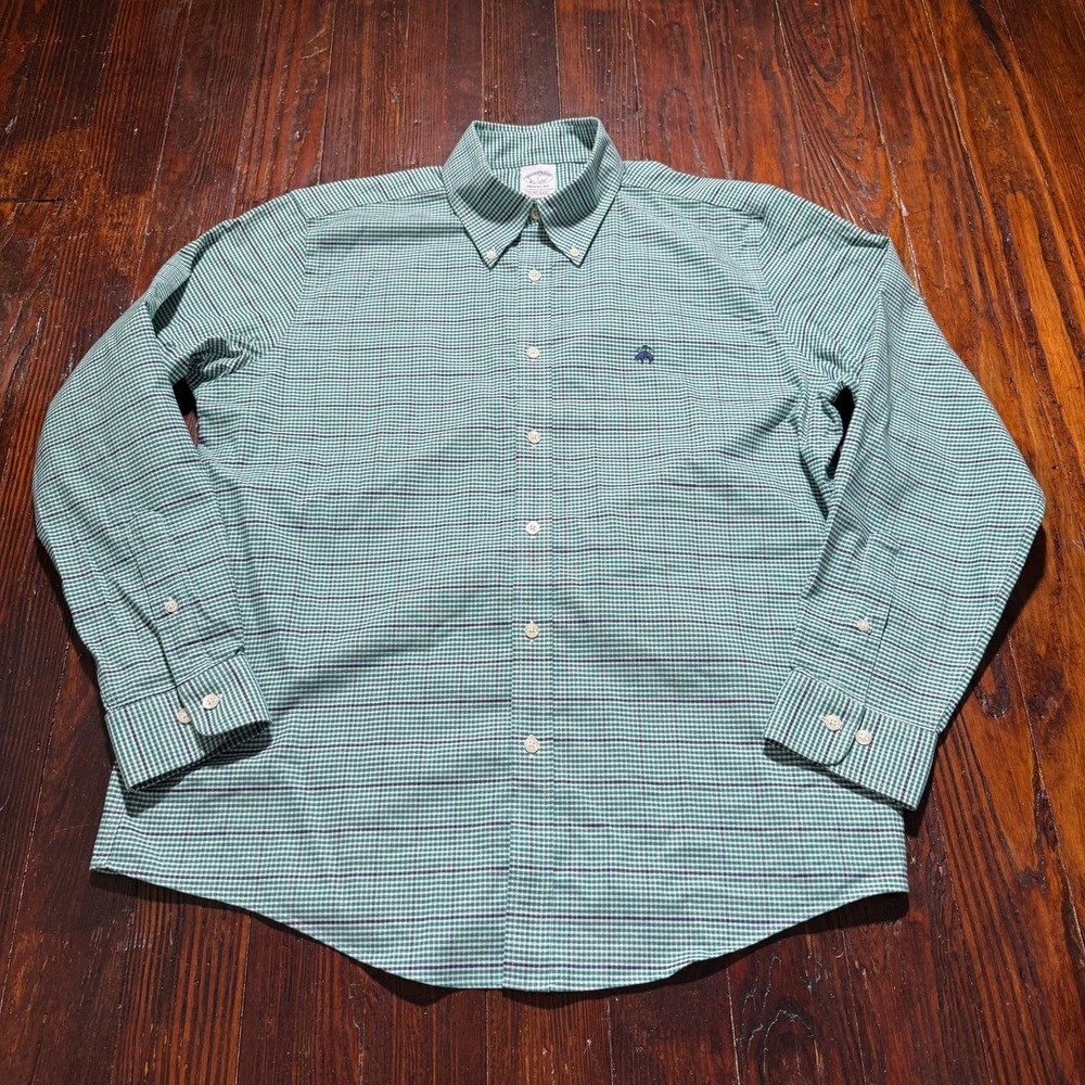 Brooks Brothers Shirt Men L‎ Green Plaid Regent Non Iron Stretch Golden Fleece